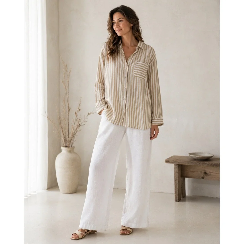 J Jill Love Linen Tan White Striped Button Up Pocket Shirt XL Lagonlook Coastal - Picture 12 of 12
